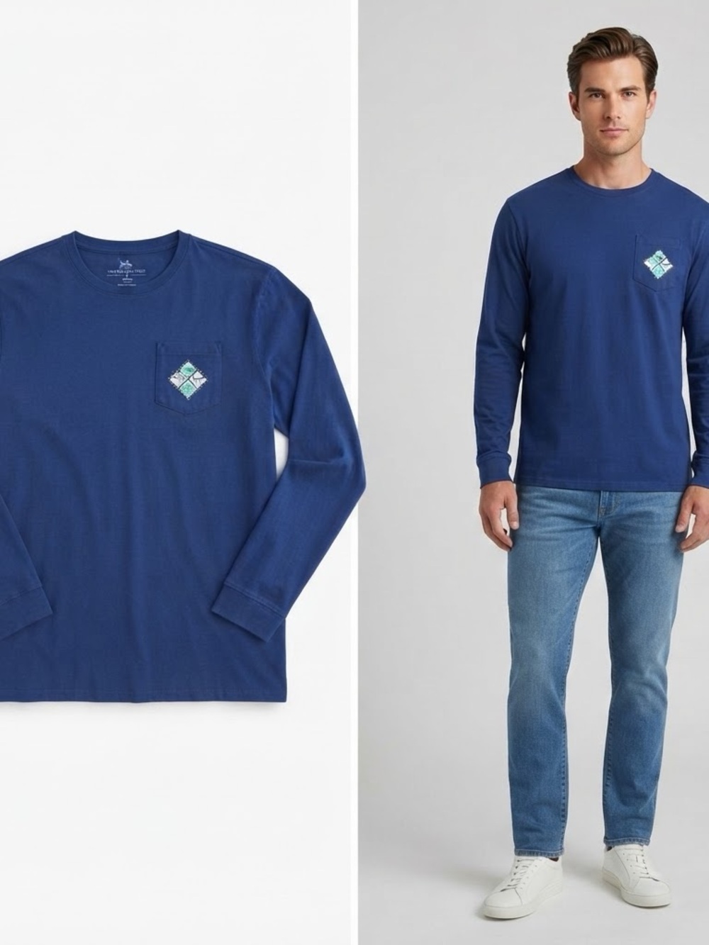Southern Tide Long-Sleeve Pocket Tee - Navy with Aqua Patch Large